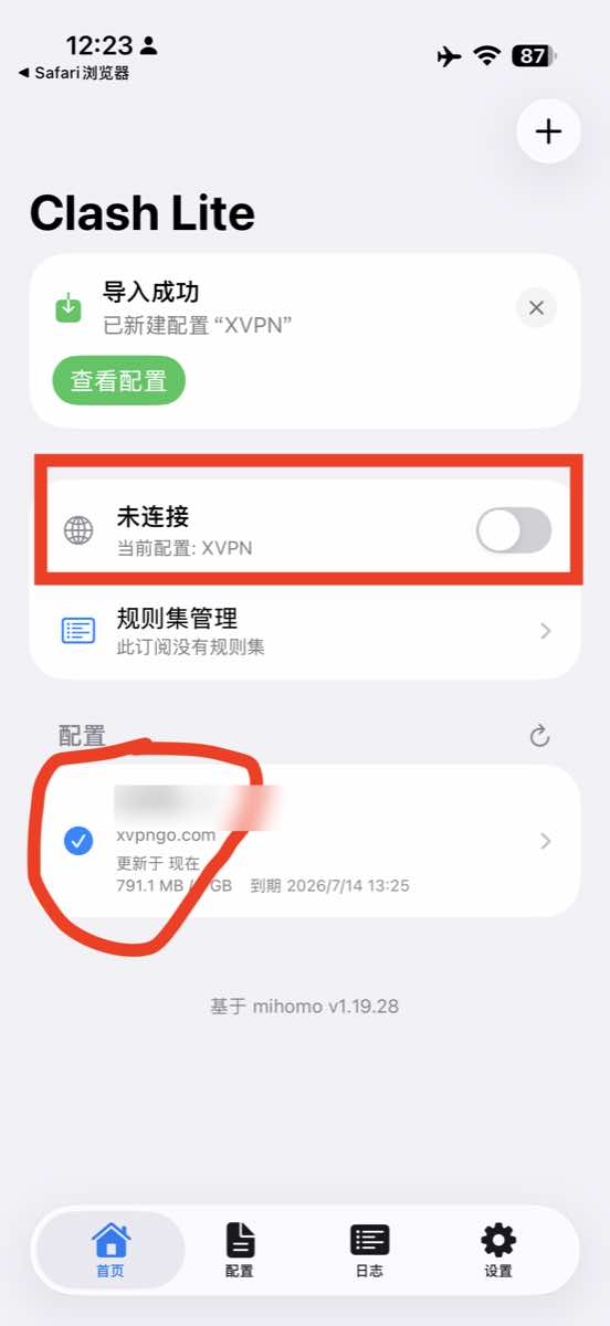 Clash Lite 已导入 XINOR 配置并准备连接